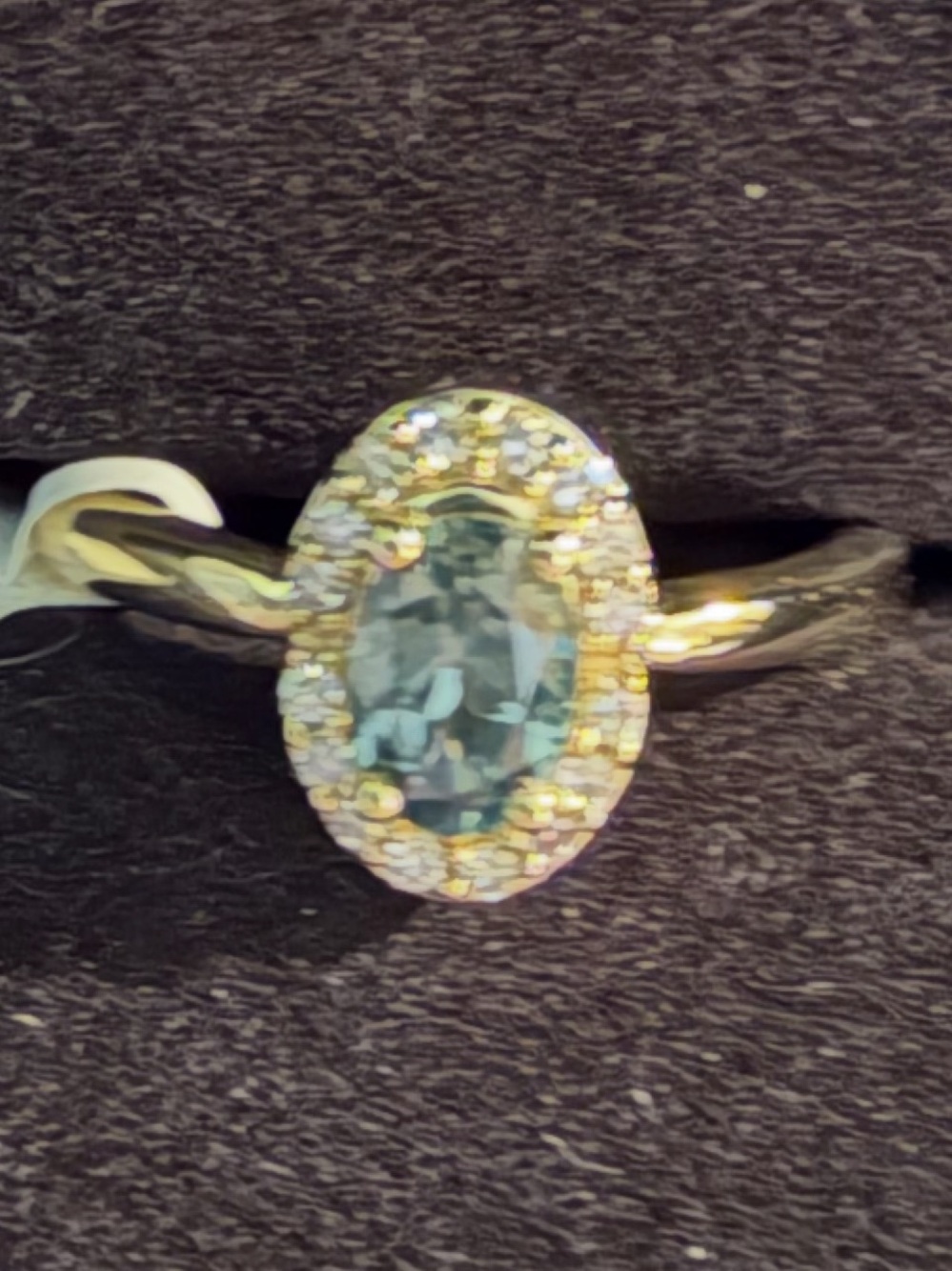 American Blue Sapphire and diamond Halo ring 1/10k tw yellow gold